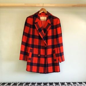 Pendleton Red and Navy Blue Plaid Pea Coat